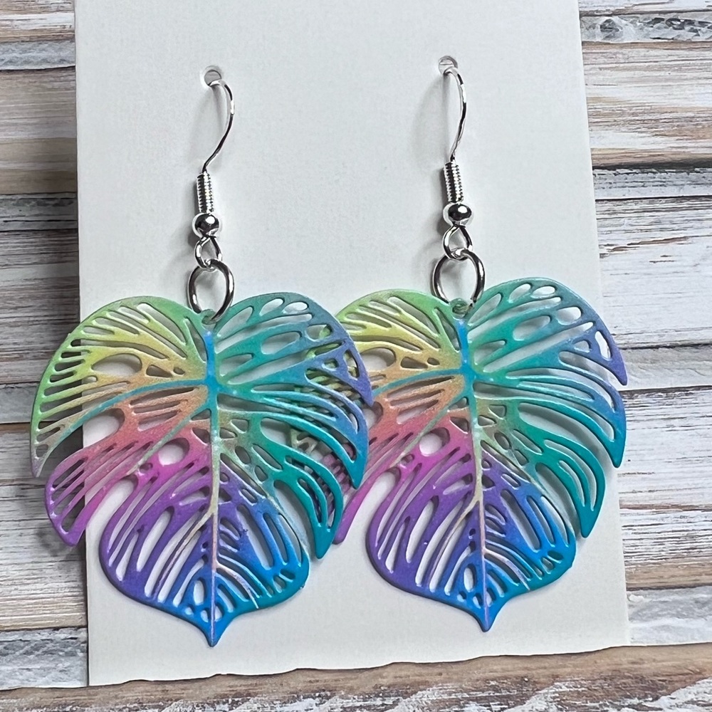 K1  - Multi color palm leaf Earrings on 925 sterling hooks - Picture 2 of 4